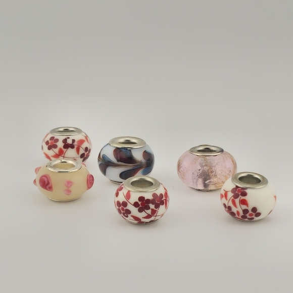 Lot of 6 Lampwork Murano Glass Beads Floral Swirl Pink White Charm Silver Cores - Picture 8 of 8